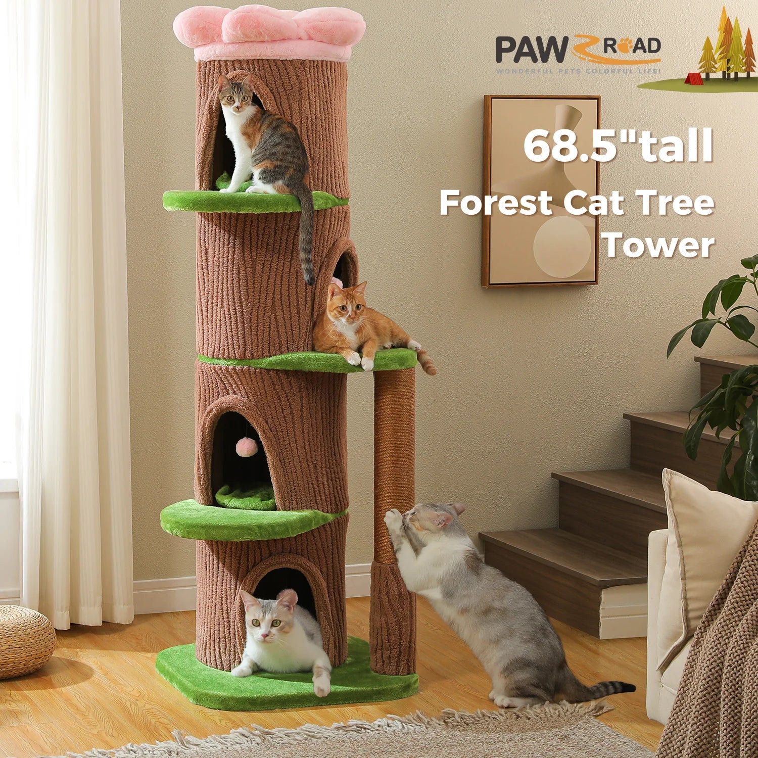 Tall Cat Tower Forest Cat Tree with Flower Top Perch,Thick Scratching Post,4 Cozy Condos Suitable for Large Heavy Cats,Cat Toys