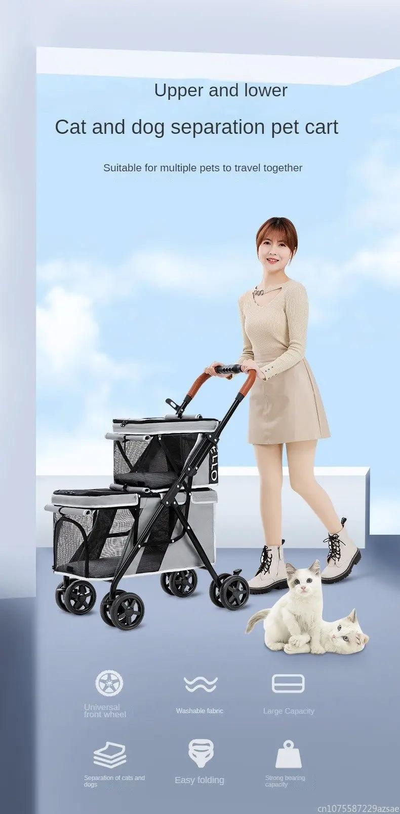 New Pet Stroller Double Layer Suitable for Two Pet Cats Dogs Foldable Cart Breathable Dog Stroller Pet Trolley carry on case