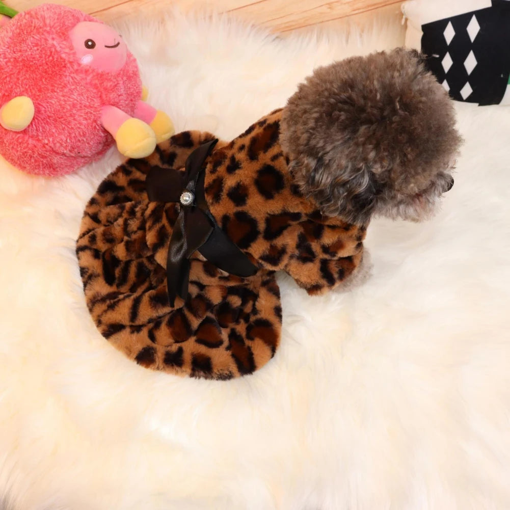 Autumn Winter Pet Dog Clothes Plush Coat Leopard Print Dress for Small Dog Cat Jacket Faux Fluffy Bowknot Skirt Bulldog Pug Pood