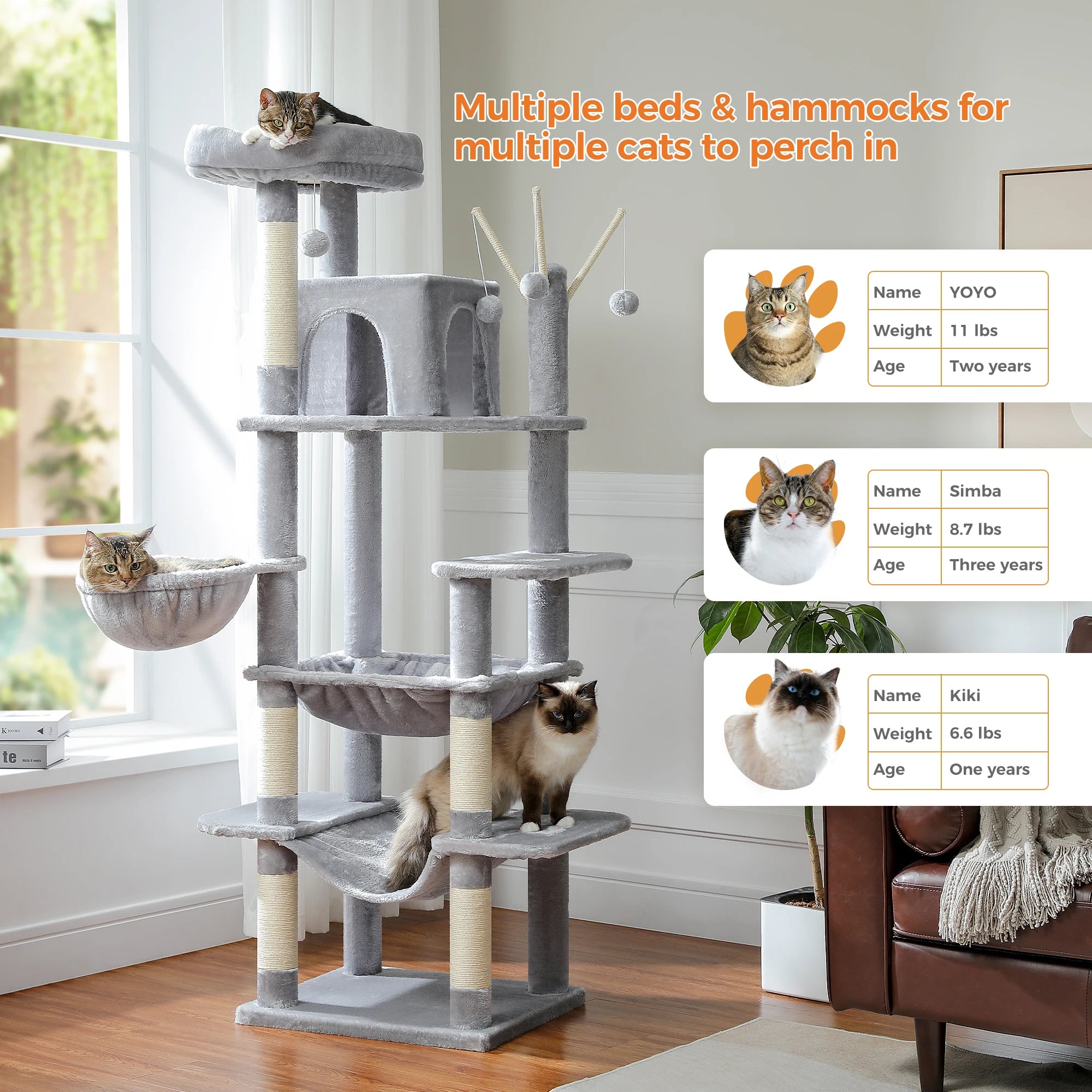 Large Cat Tree for Indoor Large Cats Tall Cat Tower for Fat Cats with Super Big Hammock, Cat Climbing Trees with Scratching Post