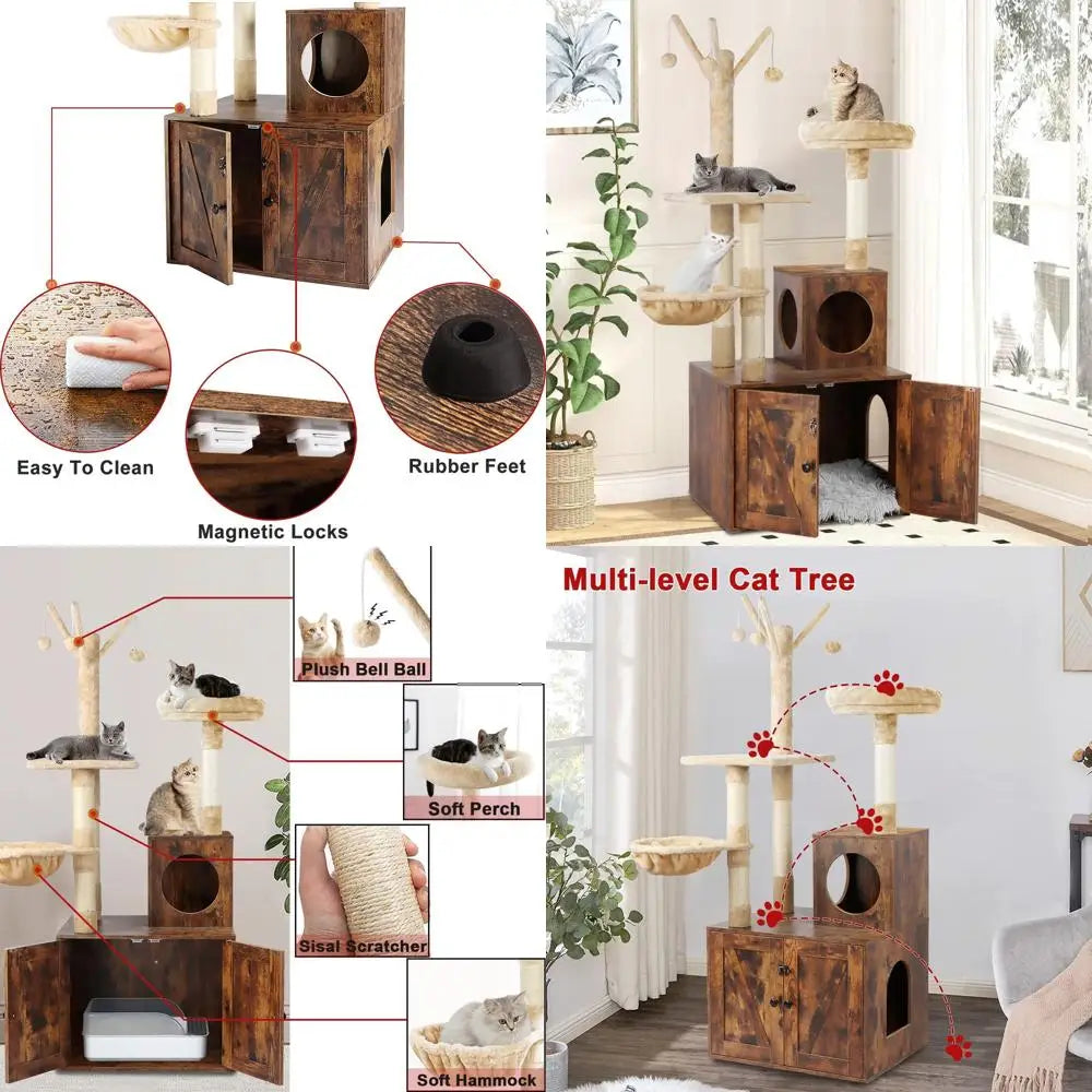 2-in-1 Wooden Cat Tower with Litter Box, Sisal Scratching, Hammock, Brown