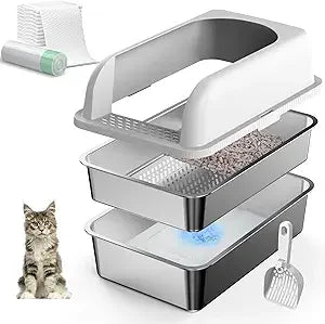 Stainless Steel Sifting Litter Box with Lid for Cats, Large Metal Pan for Pine Pellets, High Sides Cat Litter Box with Pine Pell