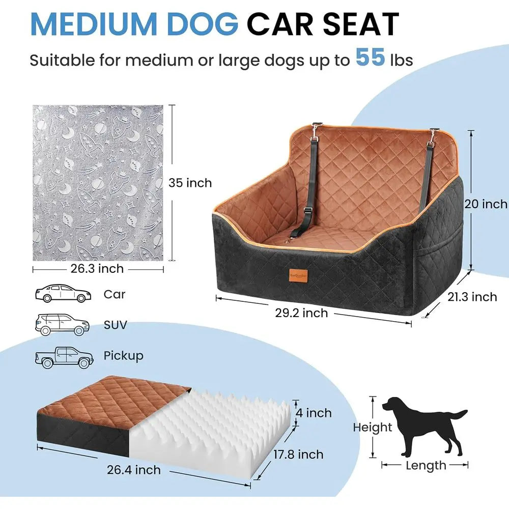 Medium Dog Car Seat with Safety Straps and Waterproof Padding - Portable Booster Bed for Cars, Trucks, and SUVs, Suitable for Pe