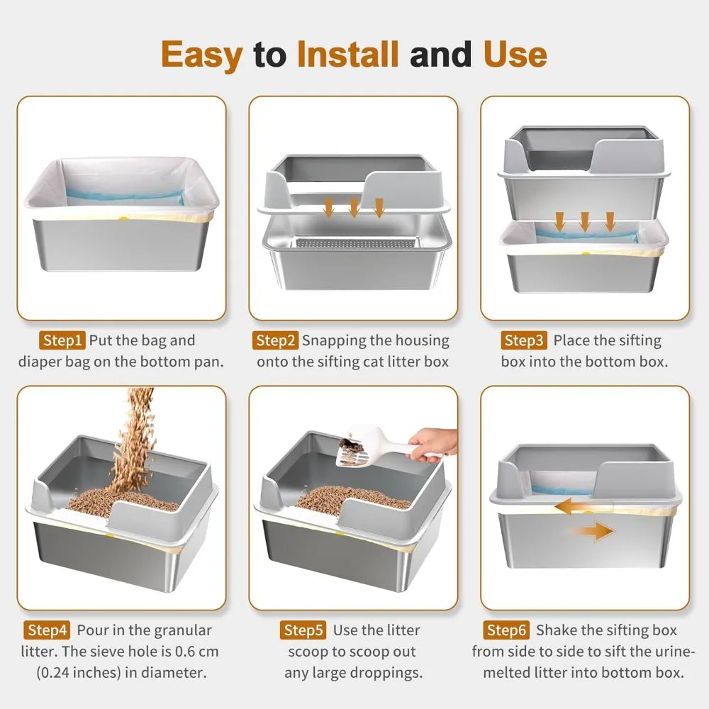 High-Sided Enclosed Sifting Cat Litter Box for Pine Pellets, Stainless Steel with Lid, Suitable for Small Cats, Easy Clean Metal
