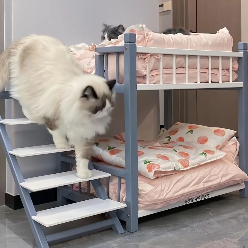 Double Layer Pet Bed with Stairs - Wooden Dog Bunk Bed for Medium to Large Dogs and Cats, Removable Cushions, Pink