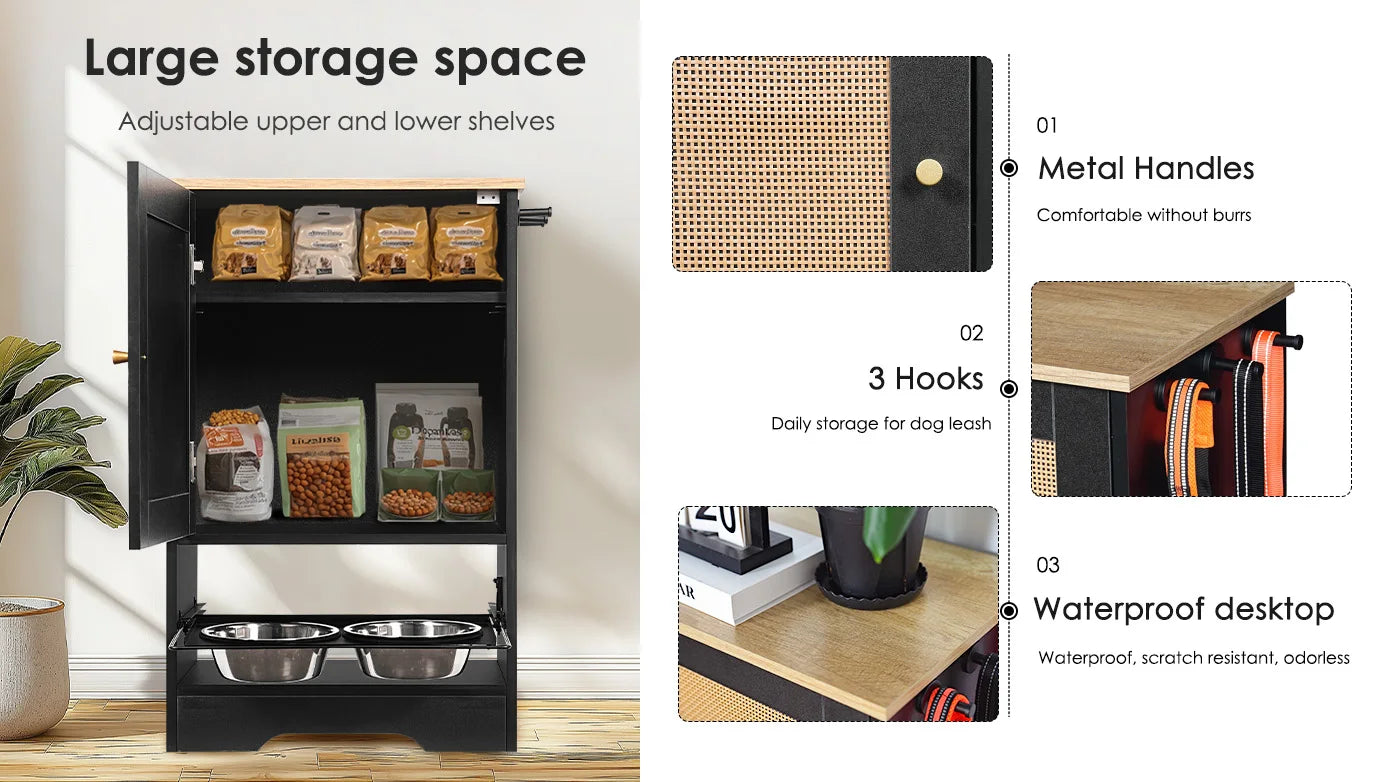 Feeding Station with 1 Storage Cabinets, Pet Feeding Station with 2 Elevated Dog Bowls, Side Hooks, Anti-tip Kit