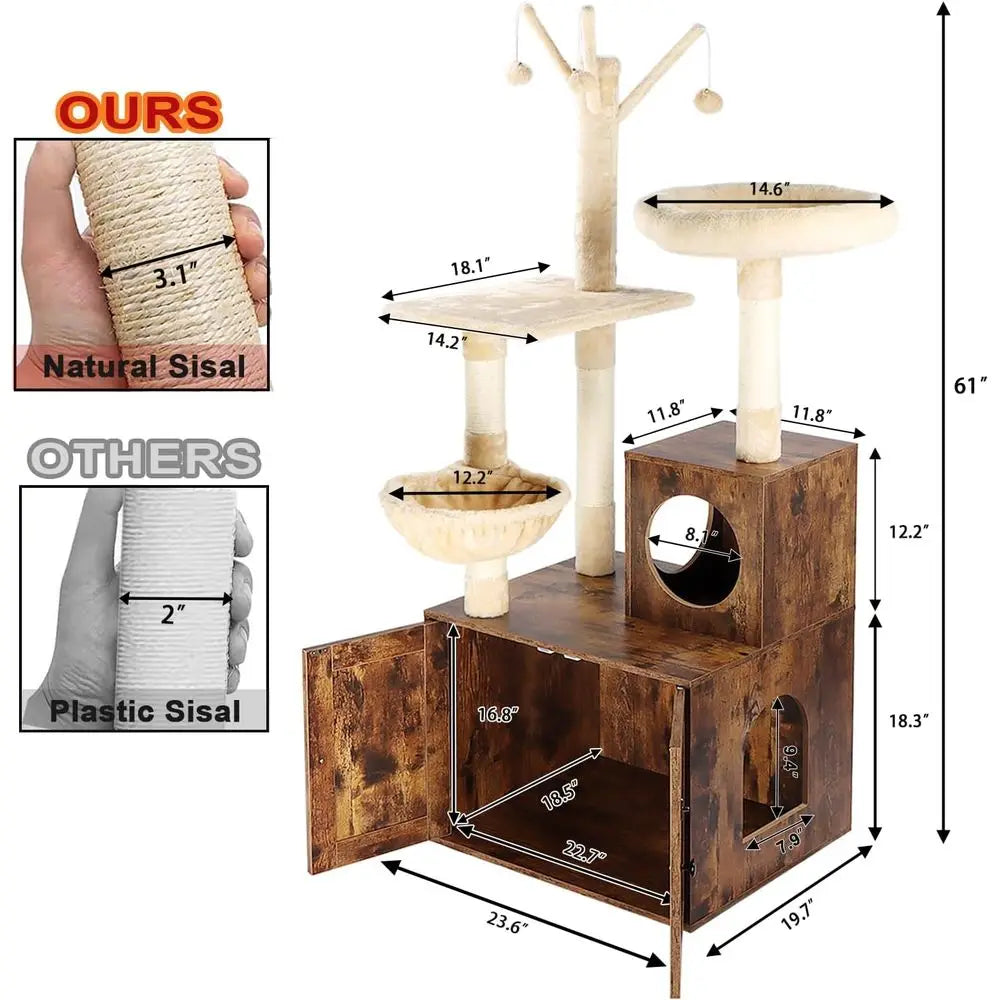 2-in-1 Wooden Cat Tower with Litter Box, Sisal Scratching, Hammock, Brown