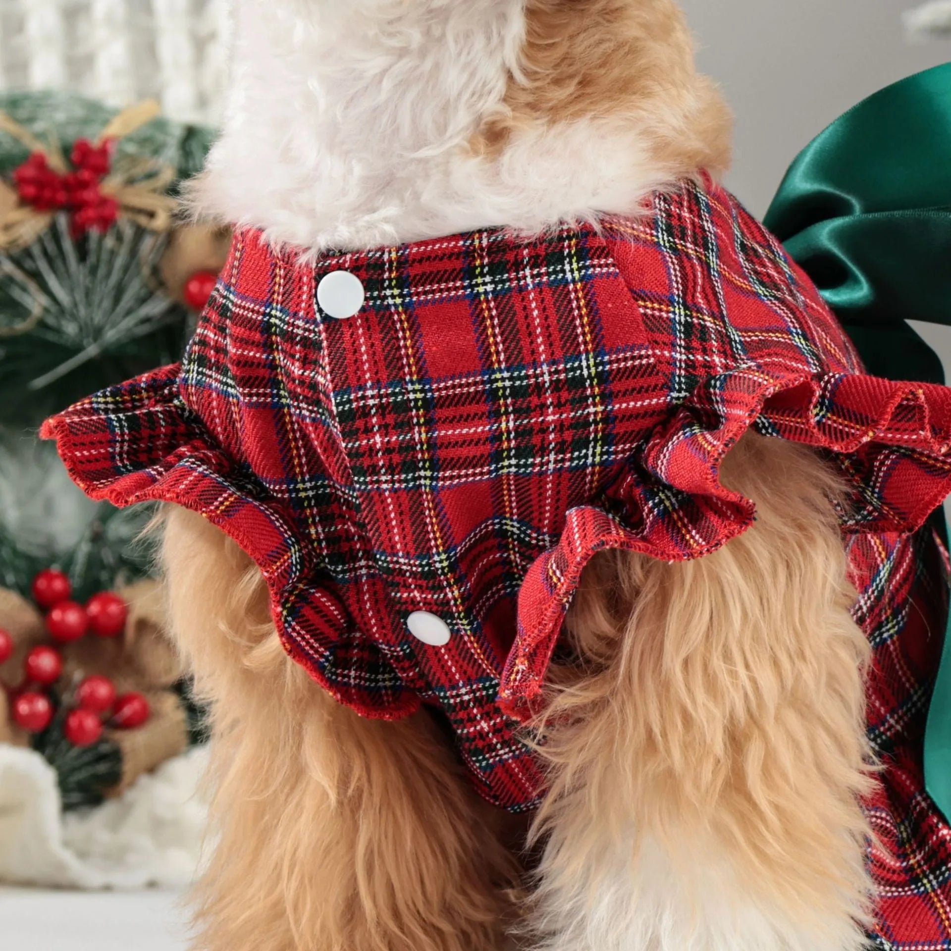 Christmas Plaid Pet Party Dress with Bow - Classic Outfit for Small Dogs