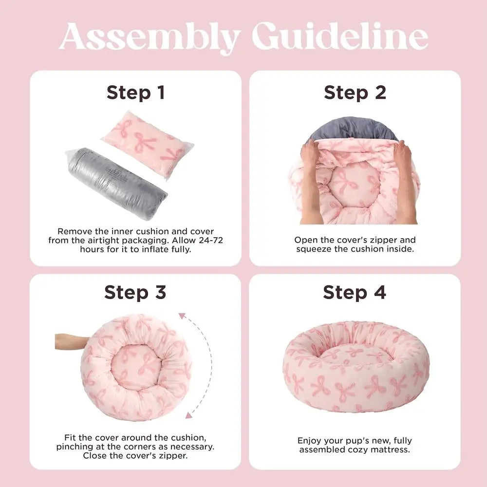 Round Plush Dog Bed for Large Dogs and Cats, 36 Pink Taffy, Washable, Anti-Anxiety, Modern Design with Anti-Slip Base