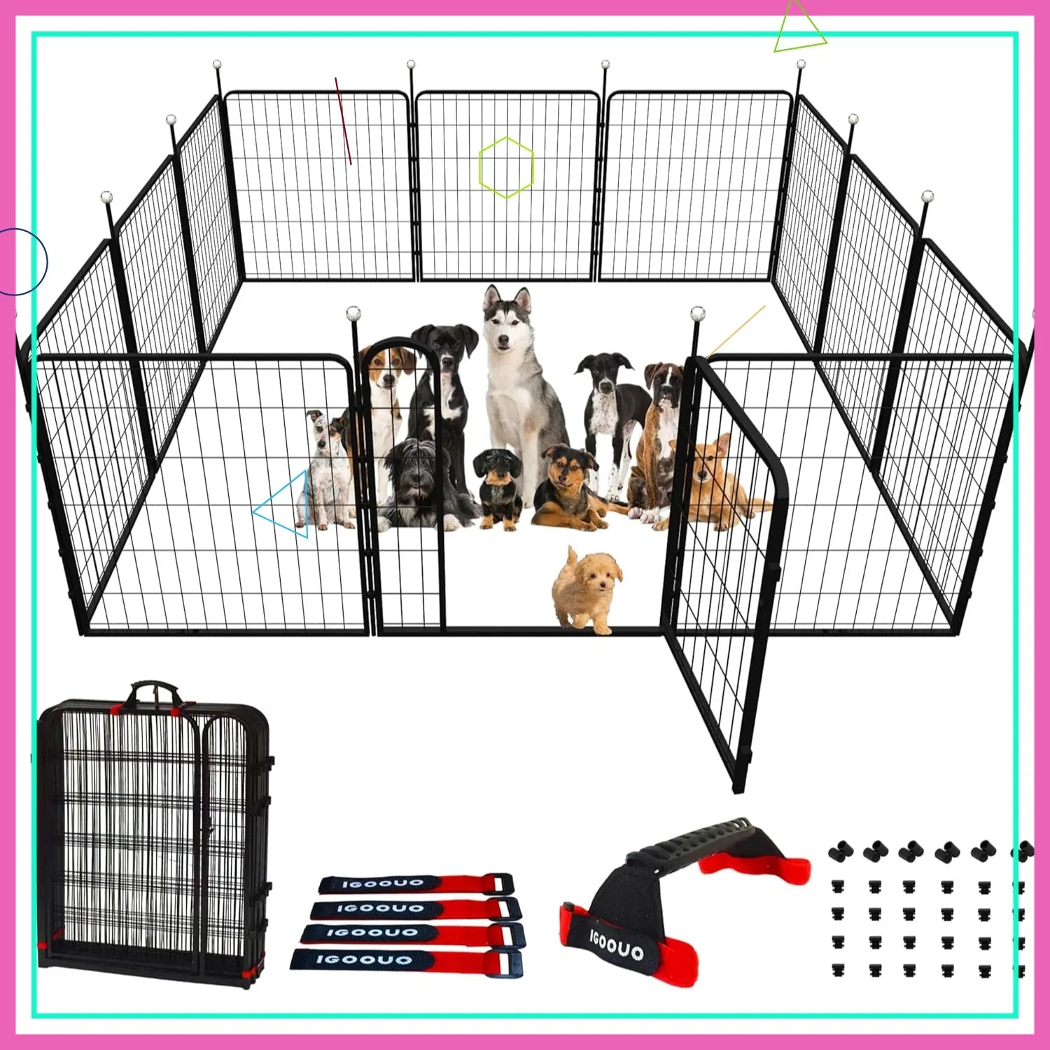 32'' Portable Dog Play Pen Indoor Outdoor, 12 Panel Metal Pet Fence with Easy Carry Straps for Medium Large Dogs