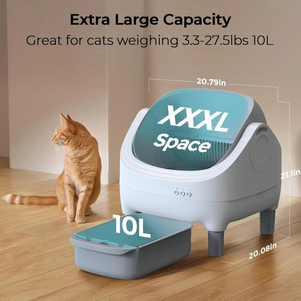 Smart Open-Top Cat Litter Box with Self-Cleaning, App Control, Safety Sensors, Odor Control, 10L Bin, 2 Garbage Rolls, Light Gre