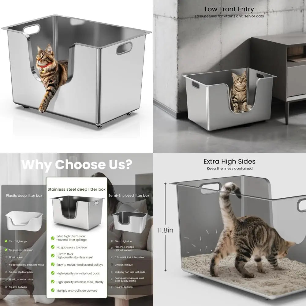 Large Metal Cat Litter Box with High Sides and Low Entry for Big Cats, Leak-Proof Pet Toilet for Kitty