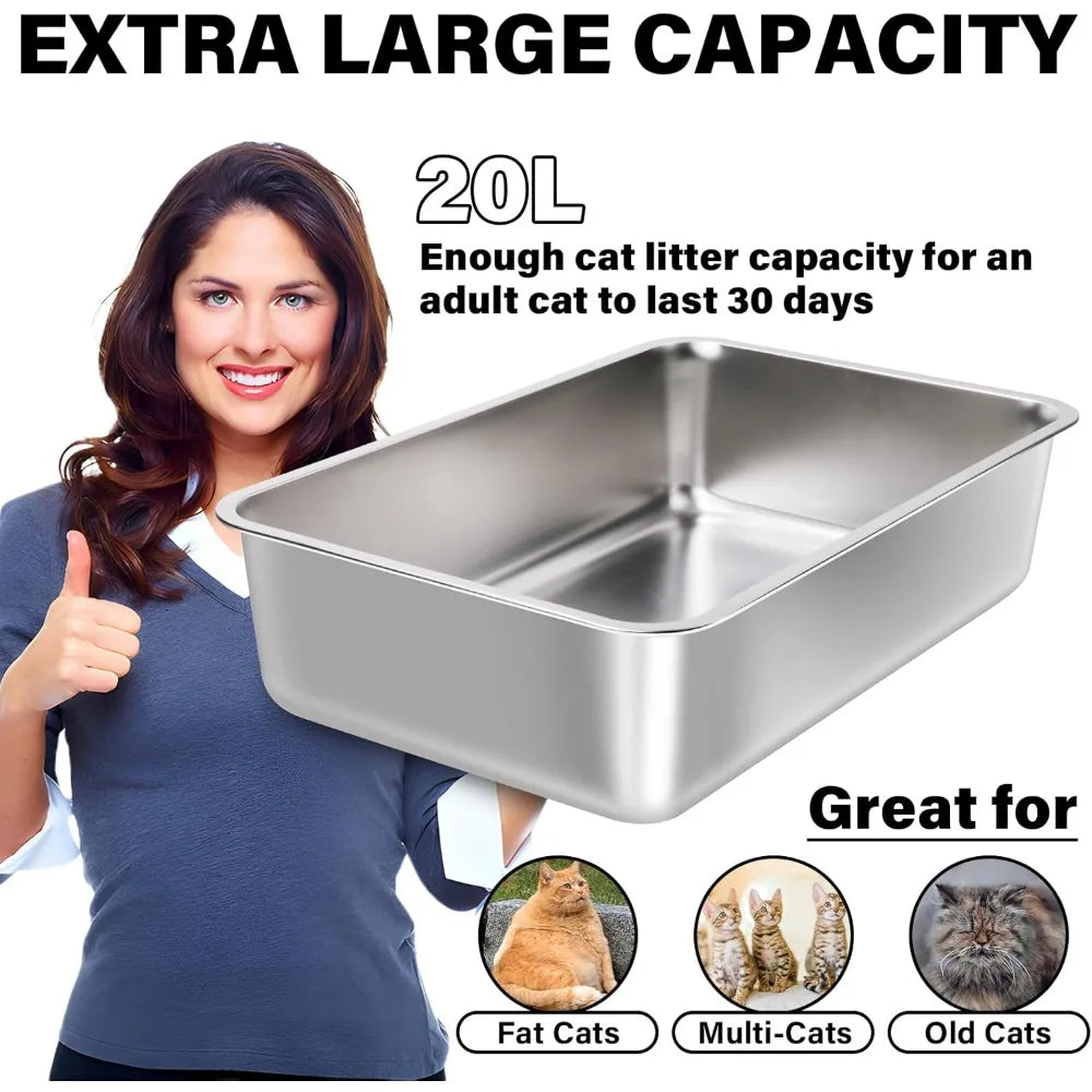 Extra Large Stainless Steel Cat Litter Boxes 2-Pack, 23.6x15.7x6 Deep, XL Metal Litterbox for Large Cats, Ideal for Big Cats wit