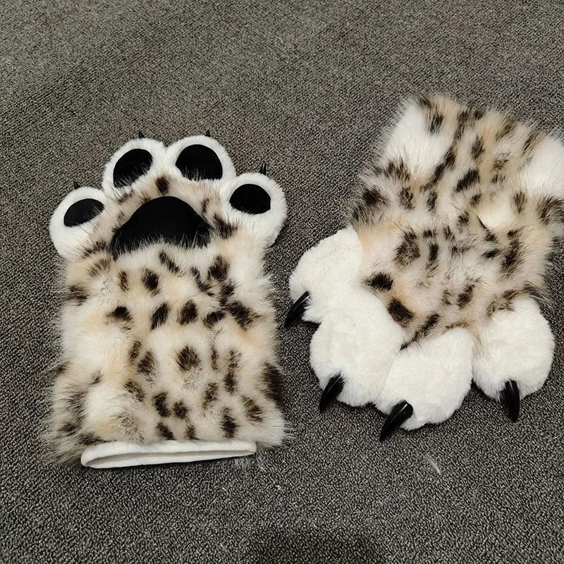 Faux Fur Snow Leopard Claws Fursuit Colorful Furry Cat Paw Halloween Dress Up Cosplay Costume Nail Tiger Claw Lolita Mittens