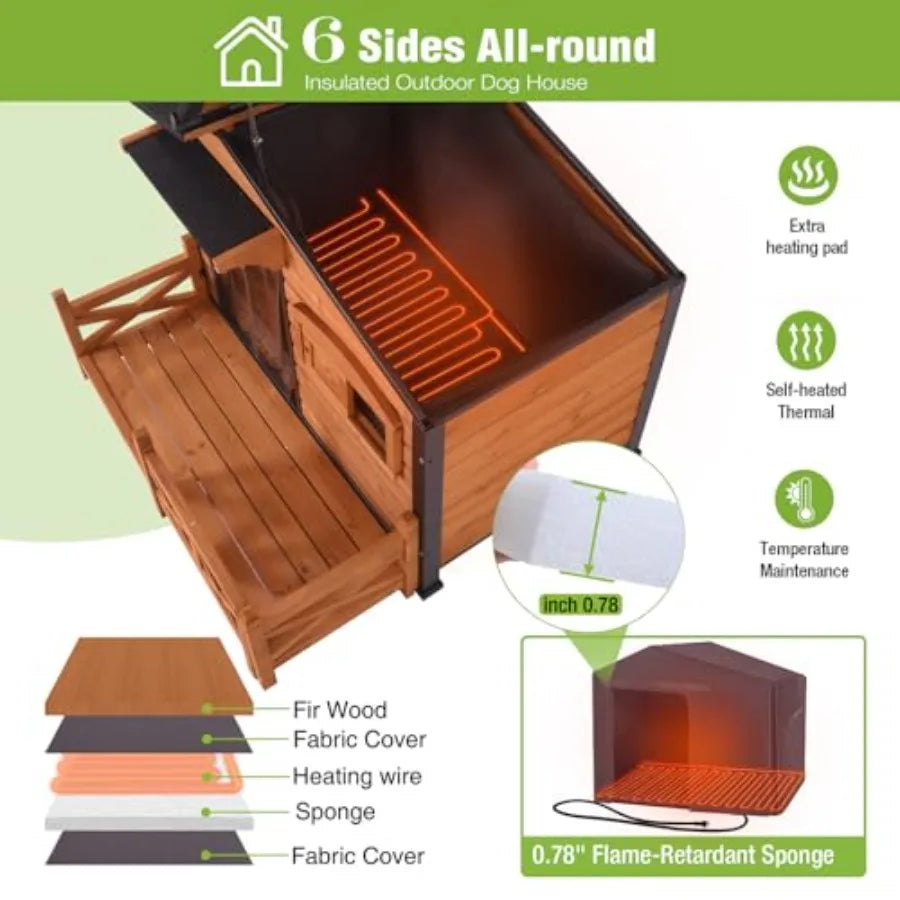 Extra Large Outdoor Heated Dog House XL Insulated Dog Kennel with Safe Heating Pad Chew-Proof Metal Frame 6-Sided Thermal Liner