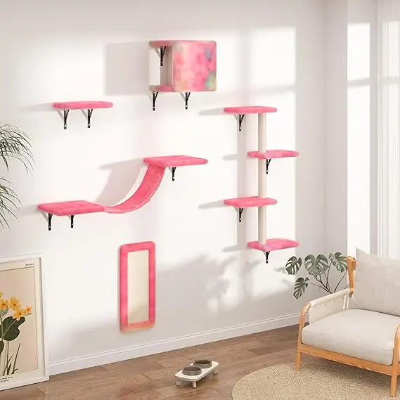 Wall-Mounted Cat Furniture Set: 5-Piece Floating Shelves and Perches for Cats in Vibrant Colors
