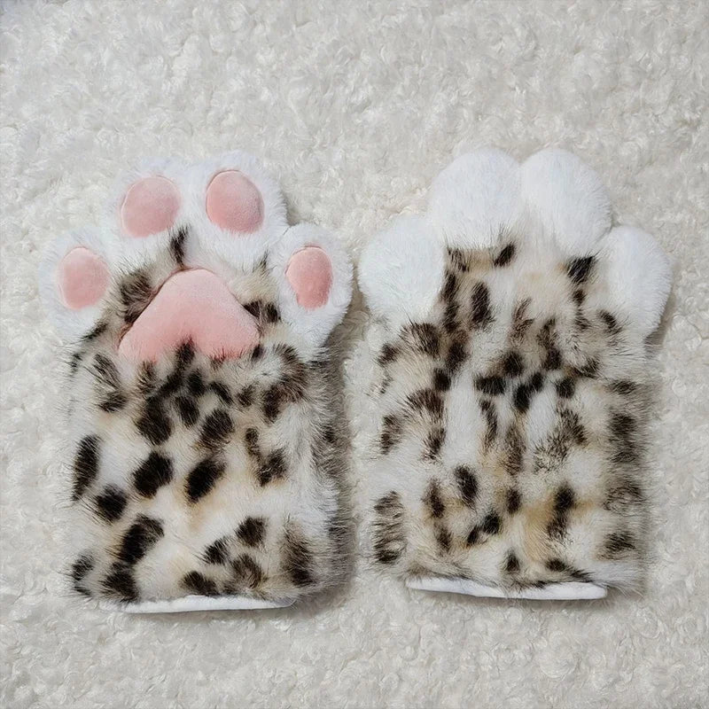 Faux Fur Snow Leopard Claws Fursuit Colorful Furry Cat Paw Halloween Dress Up Cosplay Costume Nail Tiger Claw Lolita Mittens