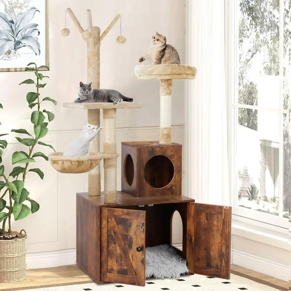 2-in-1 Wooden Cat Tower with Litter Box, Sisal Scratching, Hammock, Brown