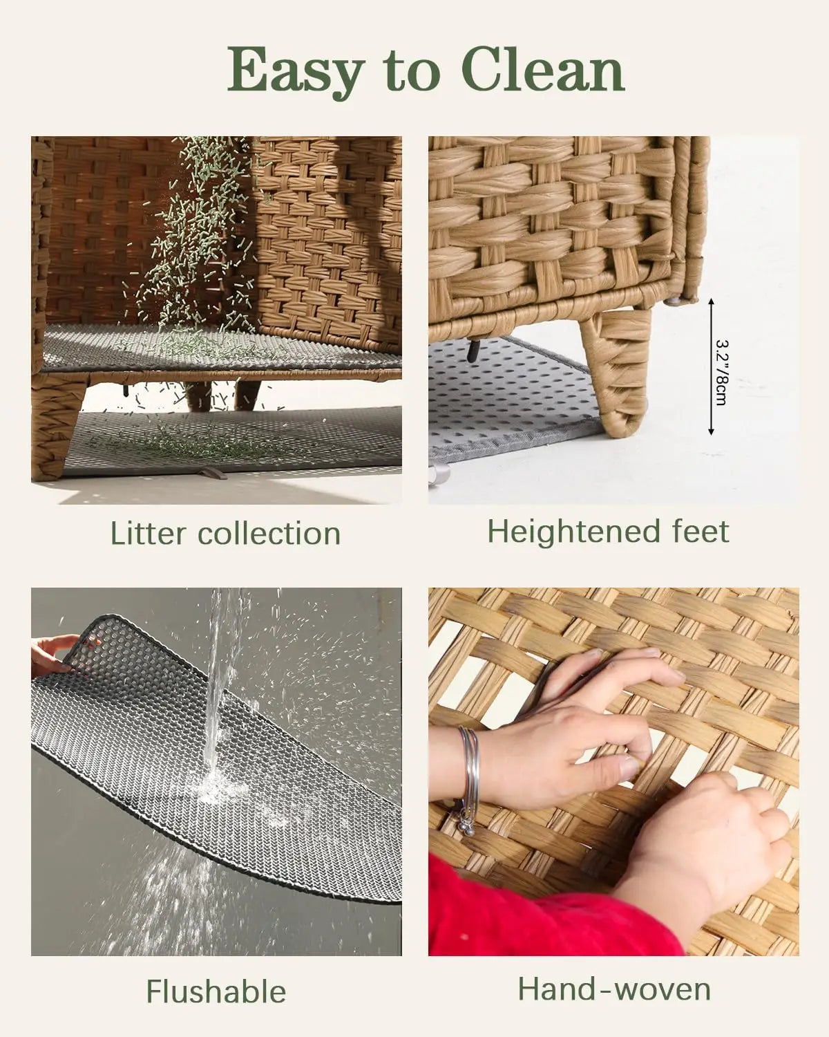 Cat Litter Box Enclosure for 2 Cats, Double Litter Box Furniture with Litter Mat,Large Rattan Hidden Kitty Cat House with Double