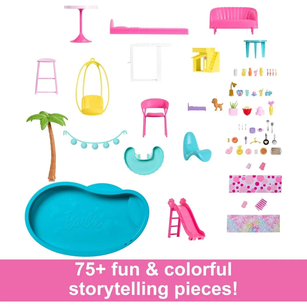 barbie dreamhouse, doll house playset with 75+ pieces including toy furniture & 3-story pool slide, pet elevator & puppy play ar