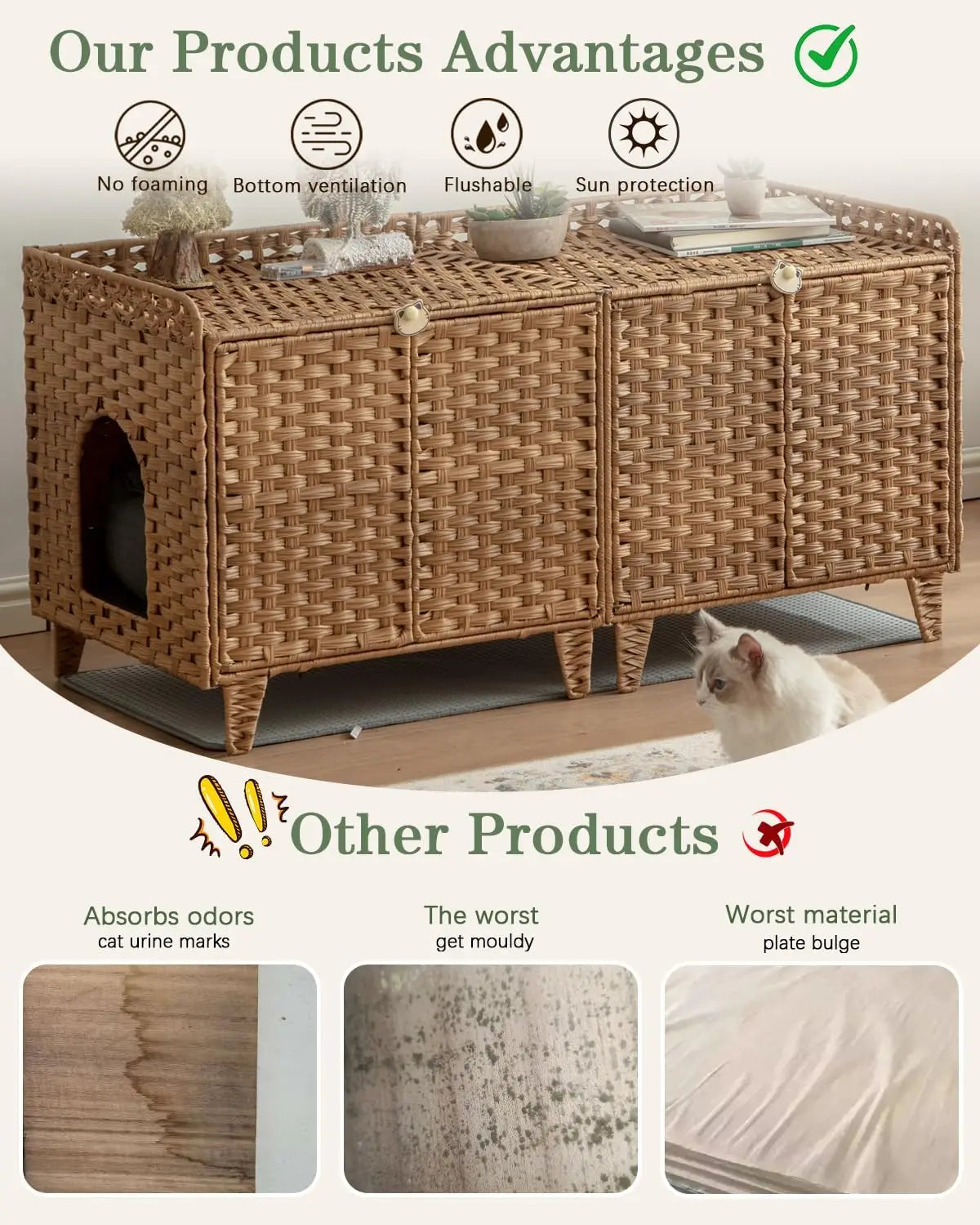 Cat Litter Box Enclosure for 2 Cats, Double Litter Box Furniture with Litter Mat,Large Rattan Hidden Kitty Cat House with Double