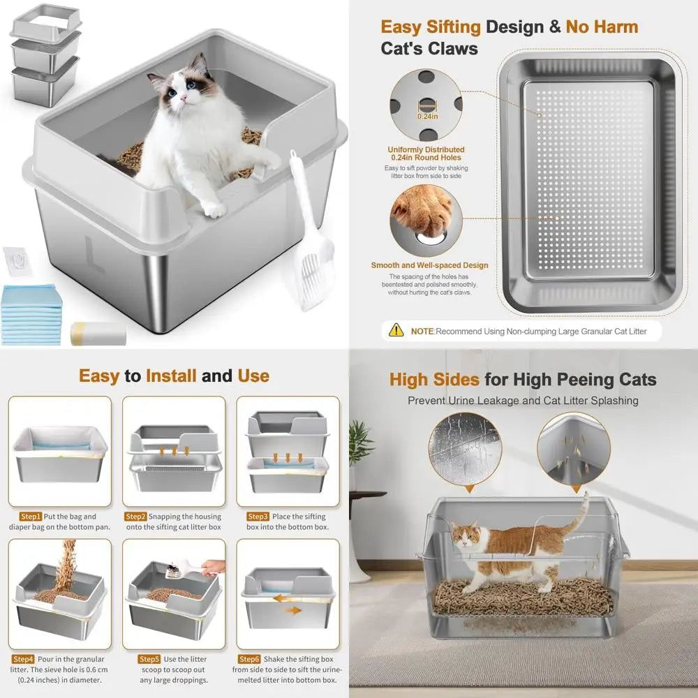 High-Sided Enclosed Sifting Cat Litter Box for Pine Pellets, Stainless Steel with Lid, Suitable for Small Cats, Easy Clean Metal