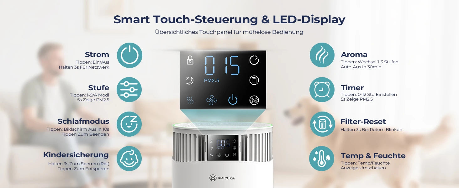 Amicura P2 Air Purifier for Pet Allergy Sufferers 843 m³/h Pet Hair Removal 450 CADR 99% Odour Neutralisation H13 Filter Against