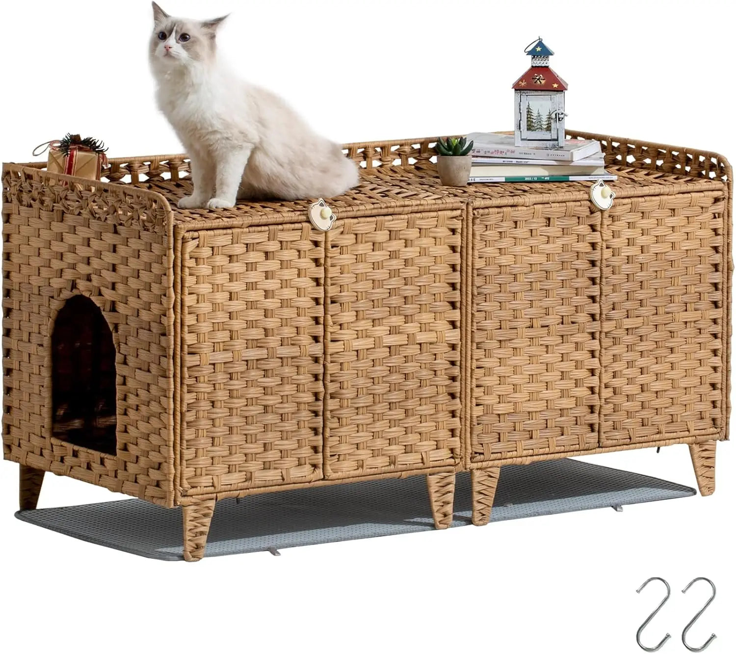 Cat Litter Box Enclosure for 2 Cats, Double Litter Box Furniture with Litter Mat,Large Rattan Hidden Kitty Cat House with Double