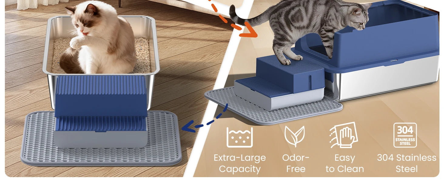 Stainless Steel Cat Litter Box Non-Stick Odor Control Easy Clean with Lid&Scoop Rust-proof Durable Stainless Steel Pet Toilet