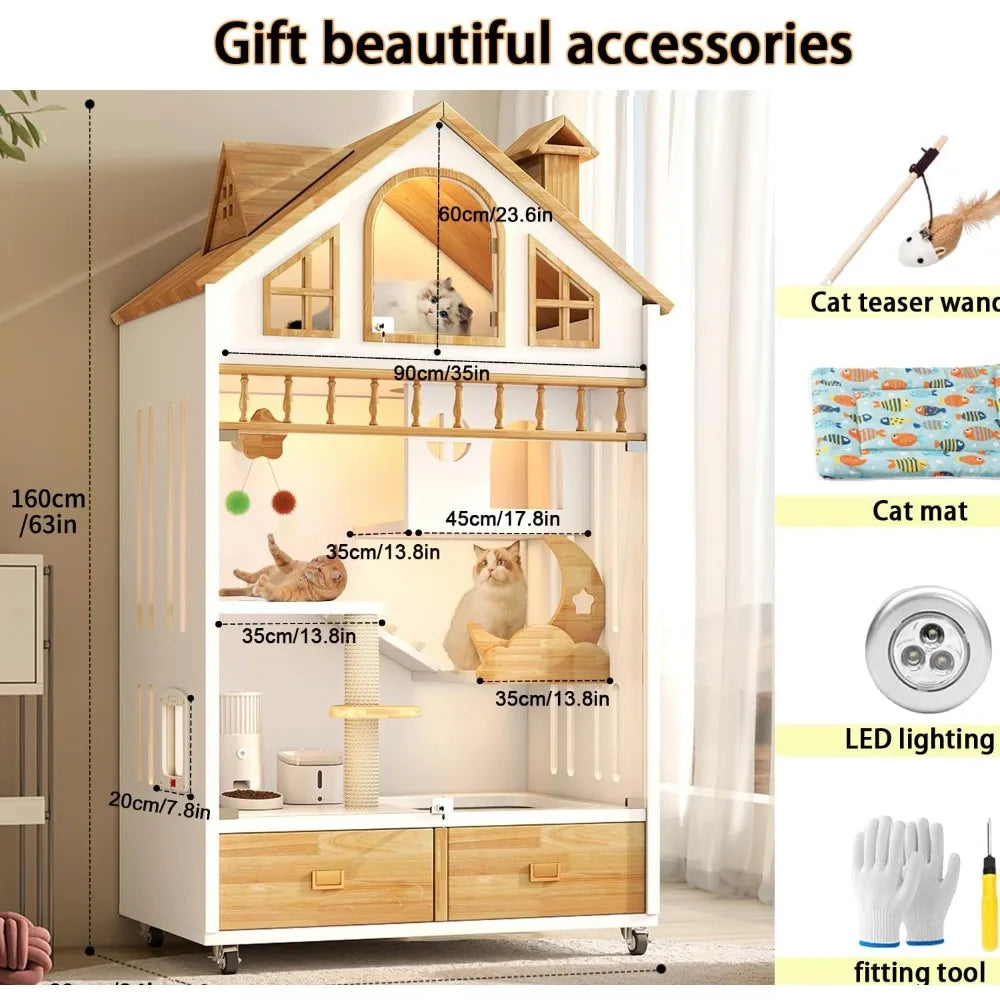 Enclosed Cat Condo, Large Wooden Cats House Indoor Cage Cat Enclosure on Wheels, Multi-Feature Enclosed Condo with Litter Box