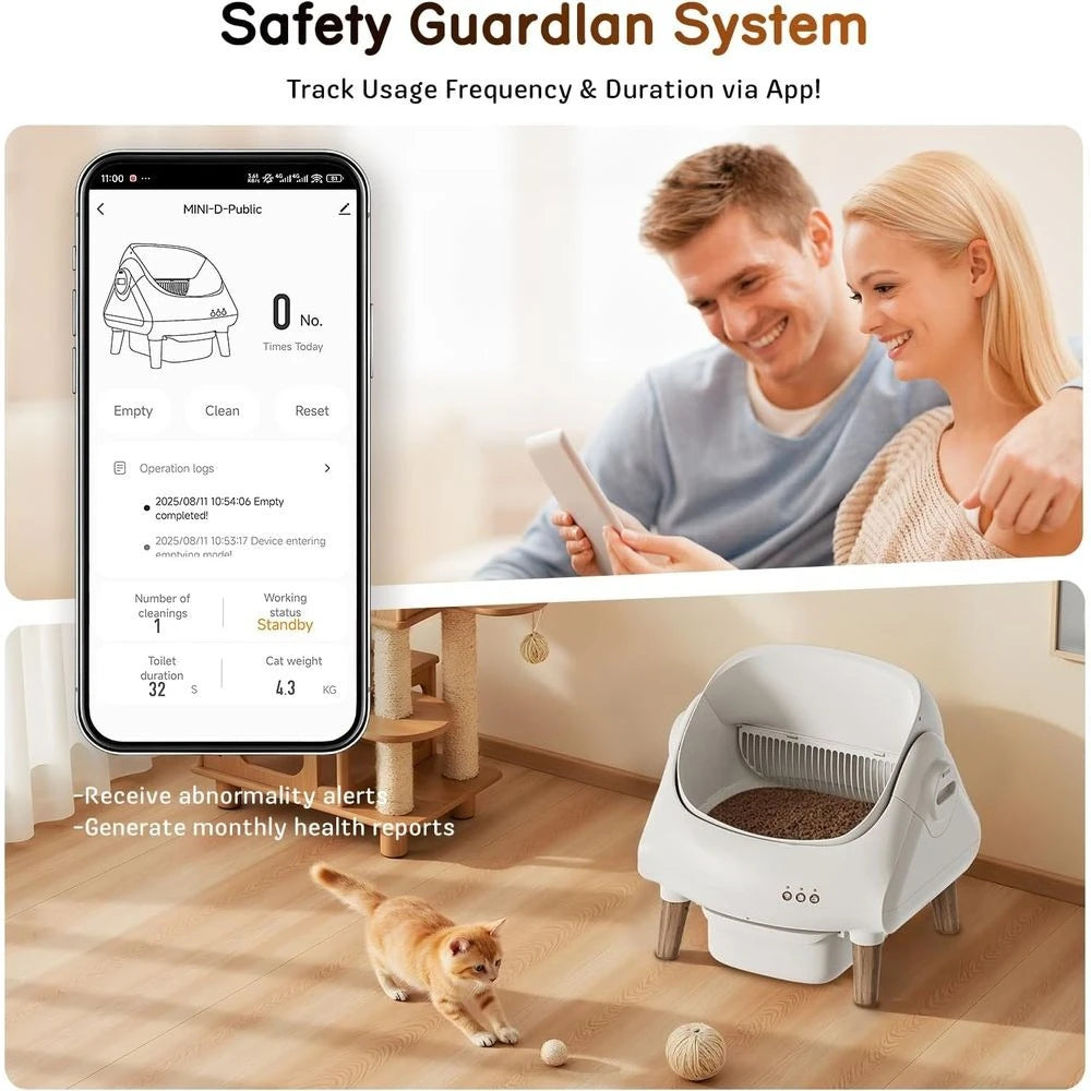 App-Controlled Automatic Litter Box for Multiple Cats: Open Top, Safety, Quiet, Large Bin, Waste Bags & Brush
