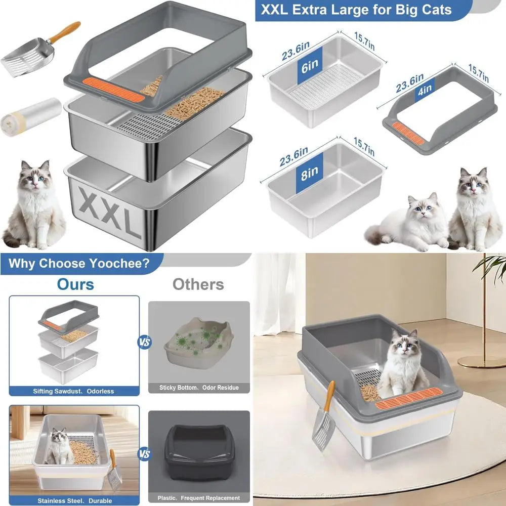 Extra Large Stainless Steel Sifting Litter Box for Cats with XXL Size, Ideal for Pine Pellets and Large Felines, Metal Pellet Si