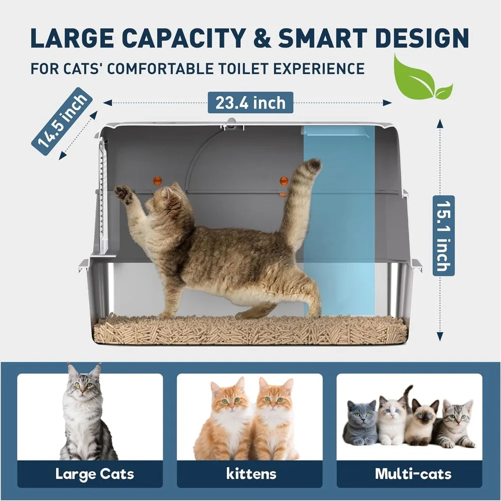Stainless Steel High-Sided Enclosed Cat Litter Box - Anti-Leak, Odor-Reducing, Non-Sticky, Easy Cleaning for Cats