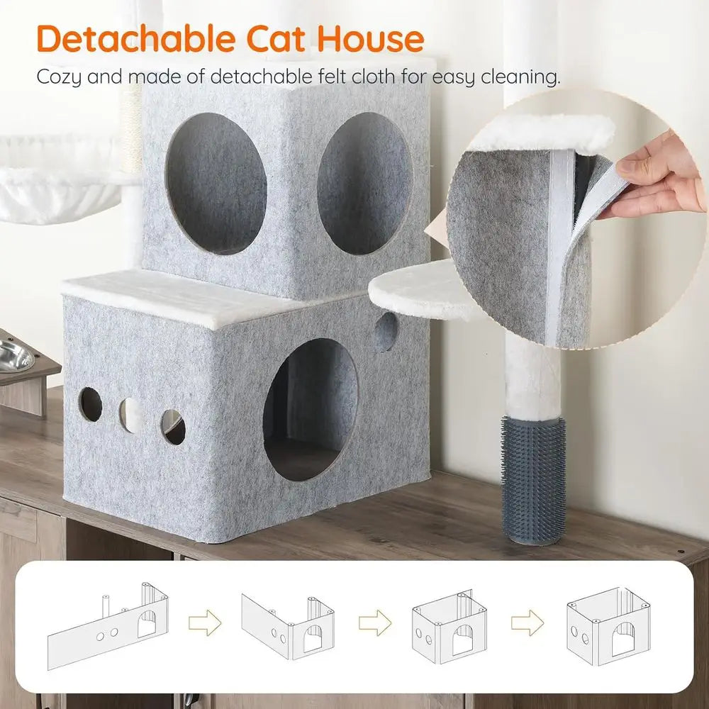 Cat Tree with 47.2 Dual Litter Box Enclosure, 63.4 Tall Multi-Functional Tower for Cats, Hidden Litter Box Enclosure Furniture,