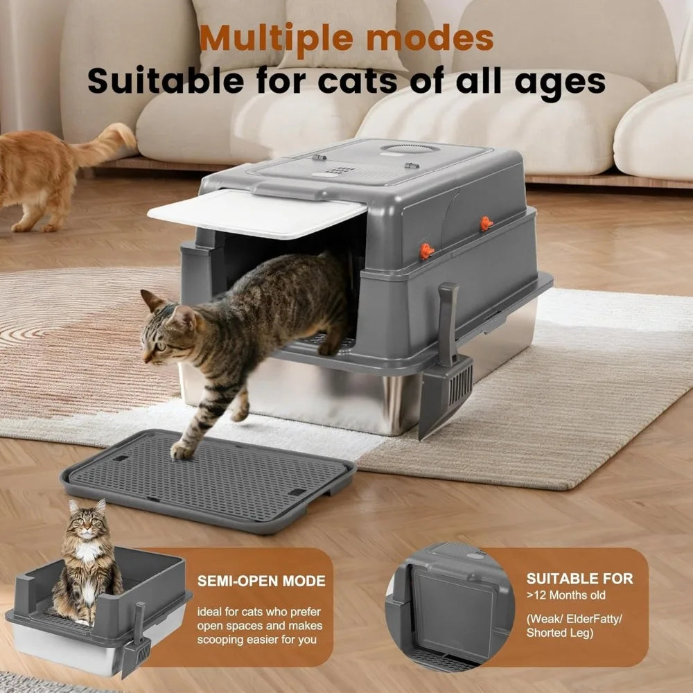 XXXXL Stainless Steel Litter Box, 28" L x 20" W x 17" H Extra Large Cat Litter Box for Maine Cat, Enclosed Metal Litter Boxes,Cu