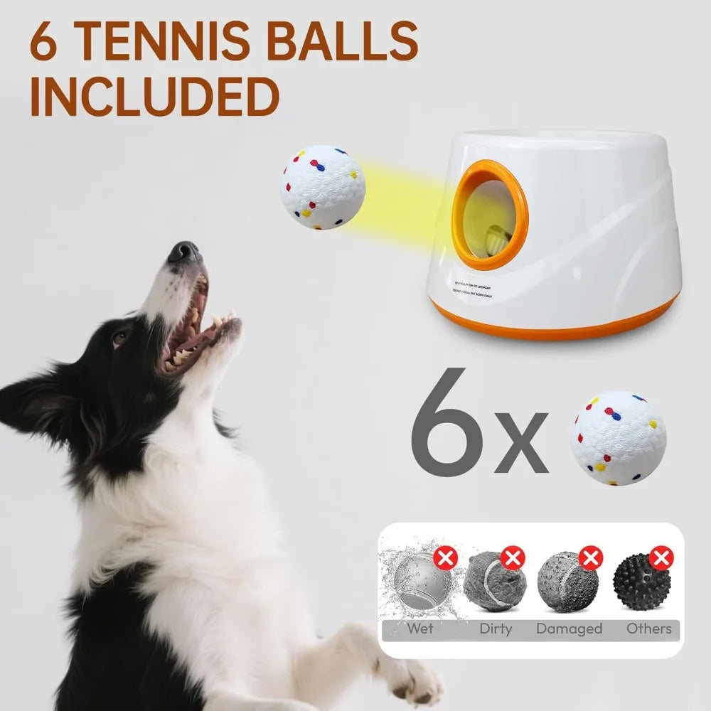 Interactive Dog Ball Launcher with 6pcs 2.3 Inch Tennis Balls, Throws 20-45ft, Ideal for Indoor and Outdoor Play