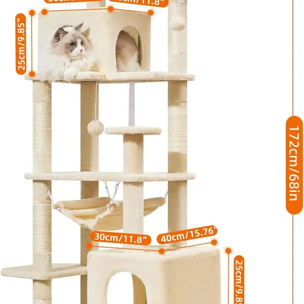 Taoqimiao Cat Tree, 68-Inch Cat Tree Cat Tower for Indoor Cats, Plush Multi-Level Cat Condo with 6 Scratching Posts, 2 Perches,