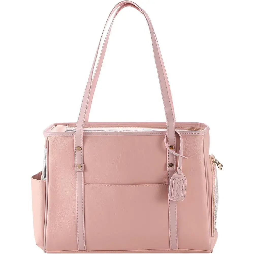 Fashion Dog Carrier Purse, Premium Leather Cat Carrier Bag, Airline Approved Soft Sided Pet Travel Tote Bag with Pockets Pink