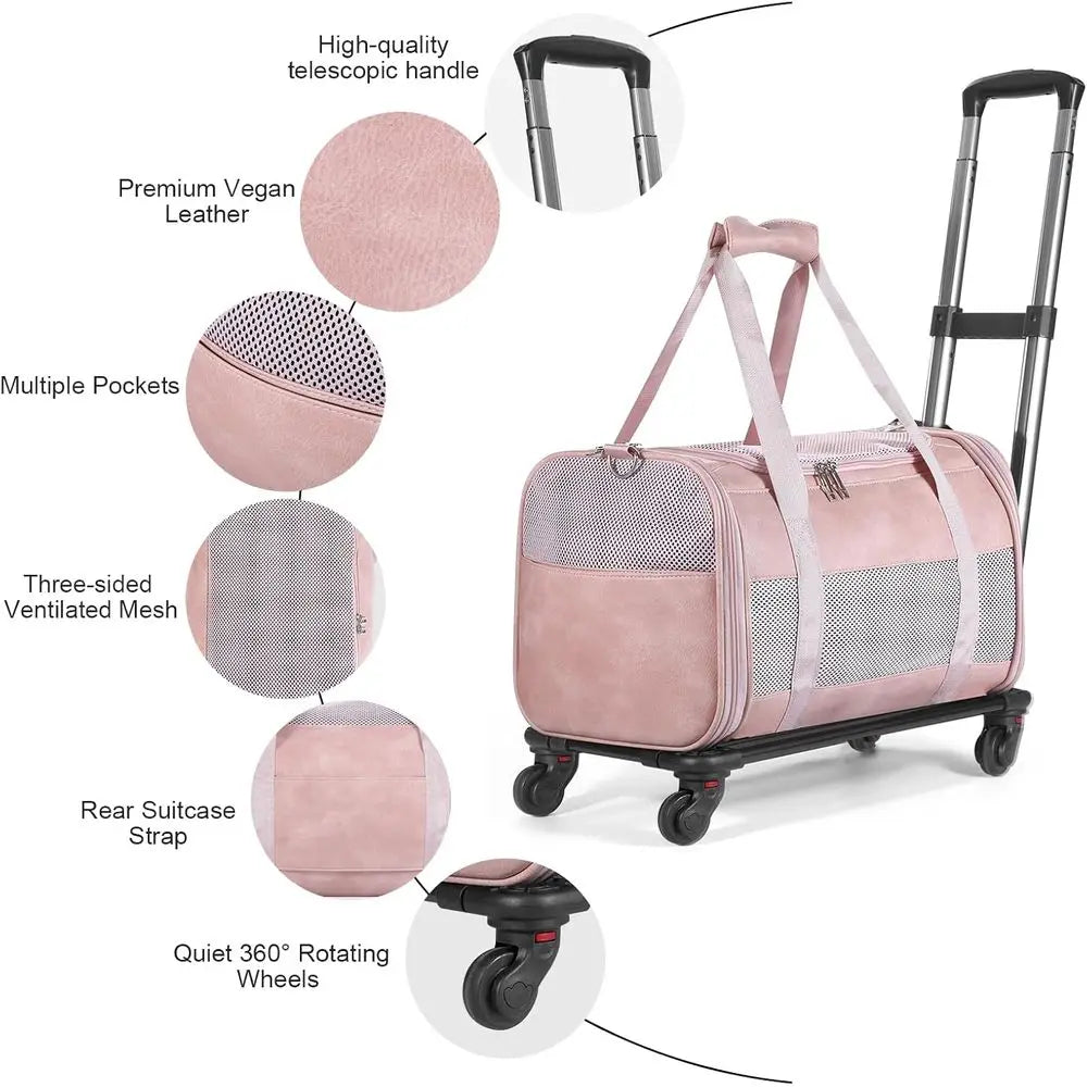 Airline Approved Pet Carrier with Wheels, Rolling Soft Sided Dog Cat Travel Bag, Premium Fashion Leather Small Pet Carrier Purse