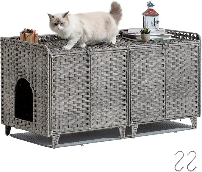 Cat Litter Box Enclosure for 2 Cats, Double Litter Box Furniture with Litter Mat,Large Rattan Hidden Kitty Cat House with Double