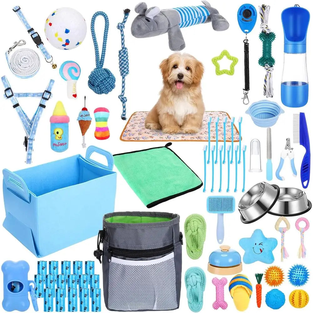 65 Pcs Puppy Supplies Starter Kit Small Dog Essentials Includes Dog Leash, Toys, Bowl, Brushes, Water Bottles, pet Blankets Pupp