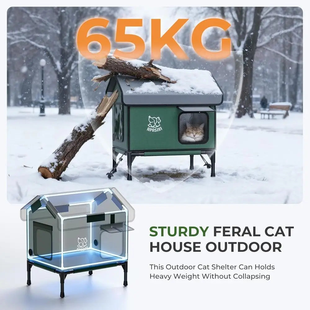 Durable Insulated Outdoor Heated Cat House with Escape Hatches, Anti-Peep Curtains, and Weatherproof Design for Small Cats