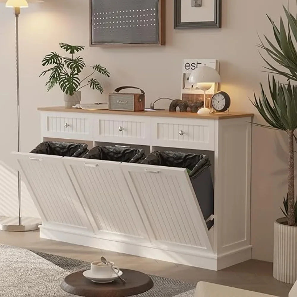 HOME.Triple Tilt Out Trash Can Cabinet 30 Gallon, 3 in 1 Garbage Can Recycling Cabinet, 59 INCH Trash Recycling Compost