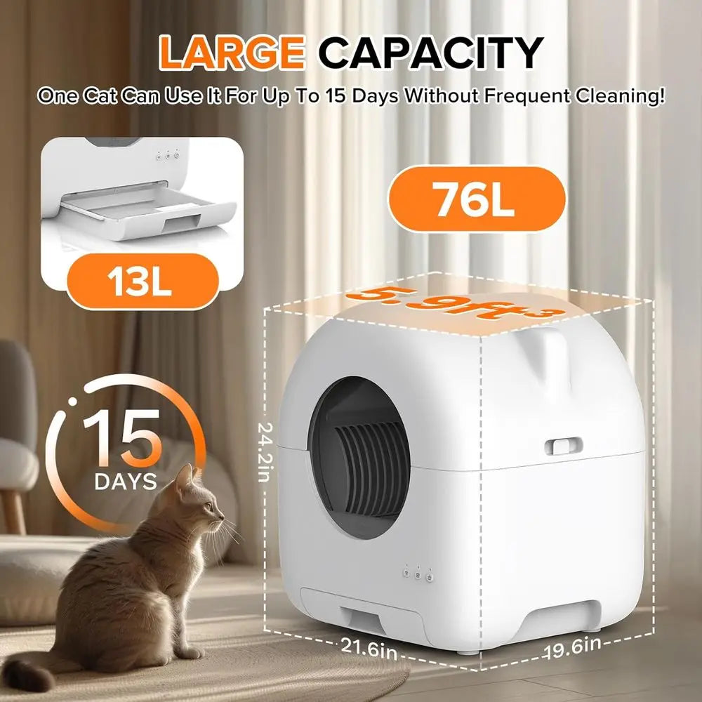 Large Capacity Smart Cat Litter Box with App Control, Safety, Trash Bags, Deodorizer & Cleaning Brush