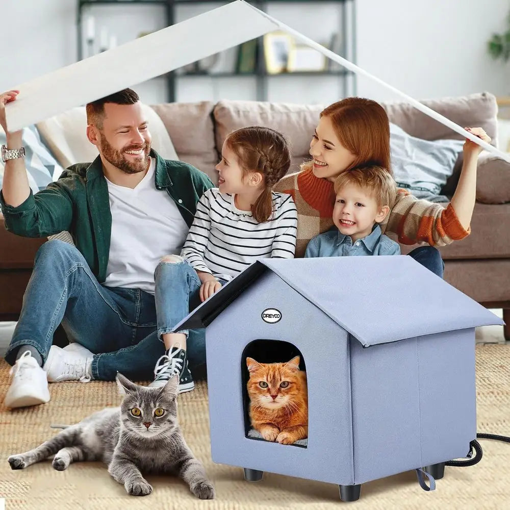 Double-Door Insulated Outdoor Cat House with Heated Bed for Winter, Weatherproof Shelter for Feral Cats and Small Pets (Blue)