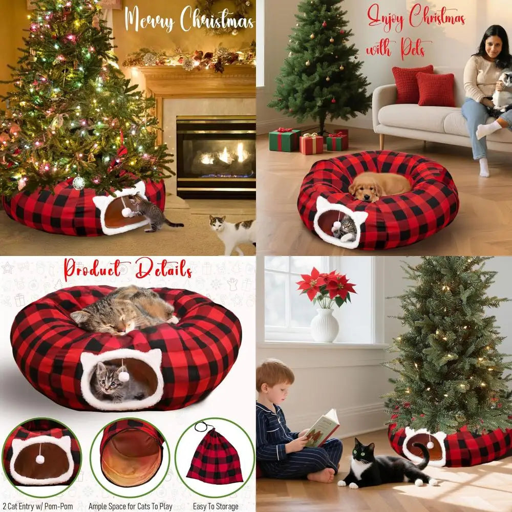Christmas Tree Skirt with Cat Tunnel, Buffalo Plaid Bed, Dual-Entry Peekaboo Donut Tunnels for Pets
