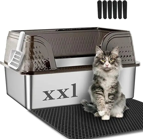 Extra Large High-Sided Cat Litter Box with Lid, Litter Mat, and Litter Scoop - XXL Stainless Steel, Anti-Urine Smell, Pet Suppli