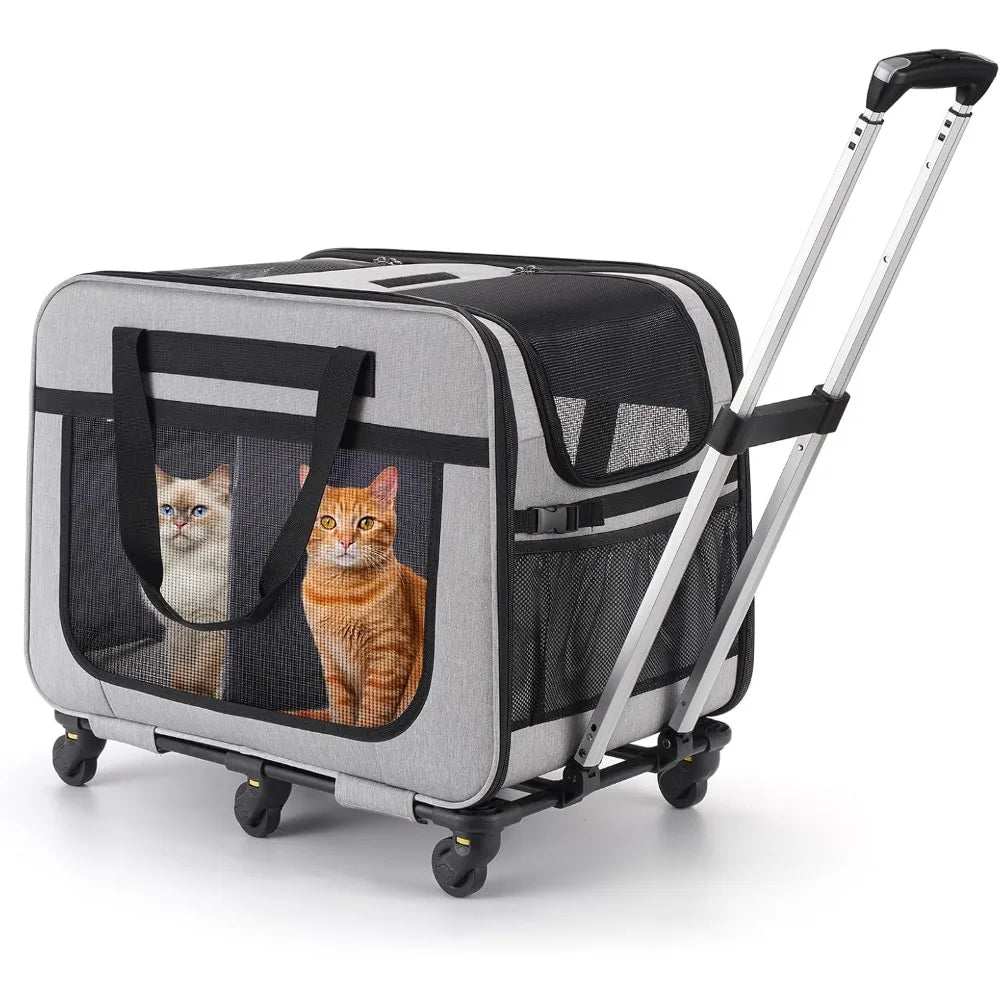 Double Pet Carrier with Wheels for Small Dogs and All-Breed Cats, Rolling Carrier for 2 Cats, Supports up to 40 Lbs