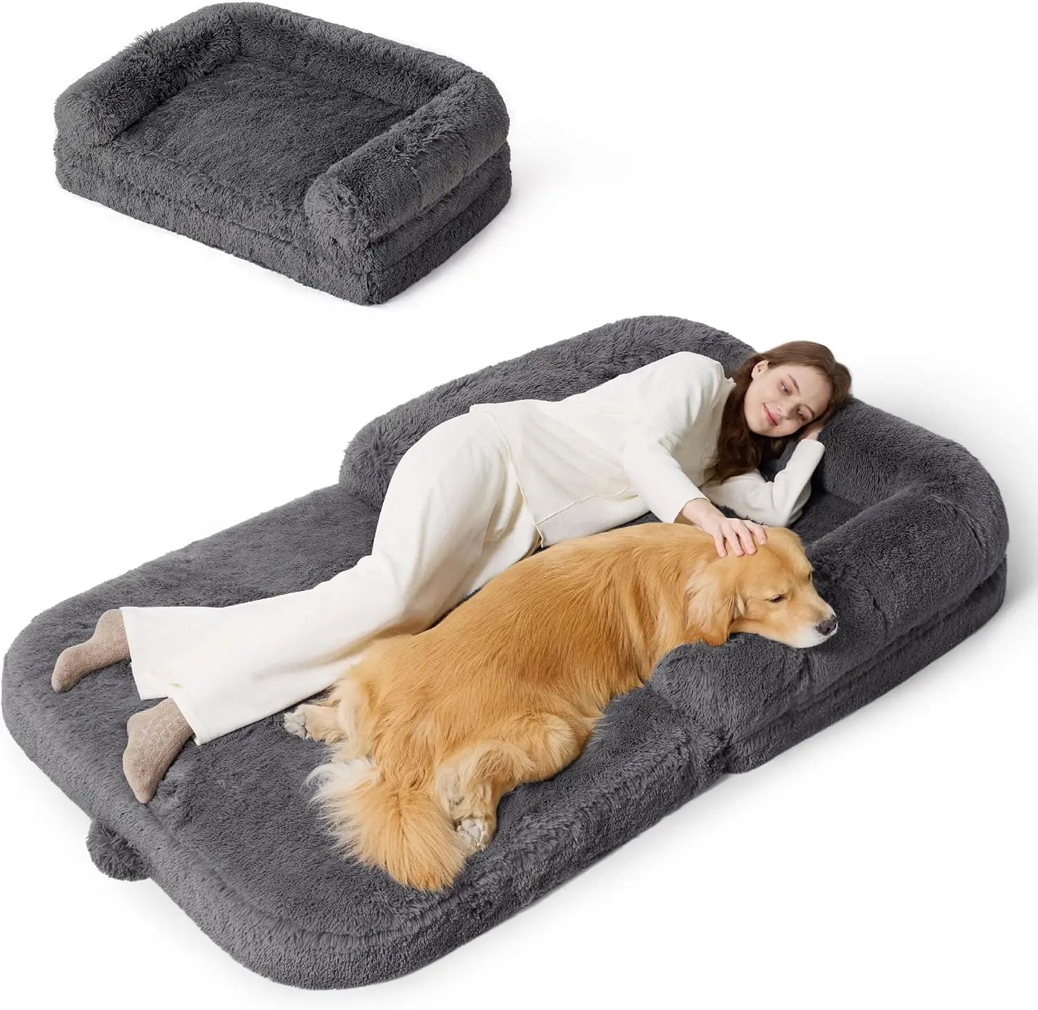 Foldable Human Dog Bed - 2-in-1 Orthopedic Foam, Waterproof, Faux Fur, Dark Grey for Adults and Pets