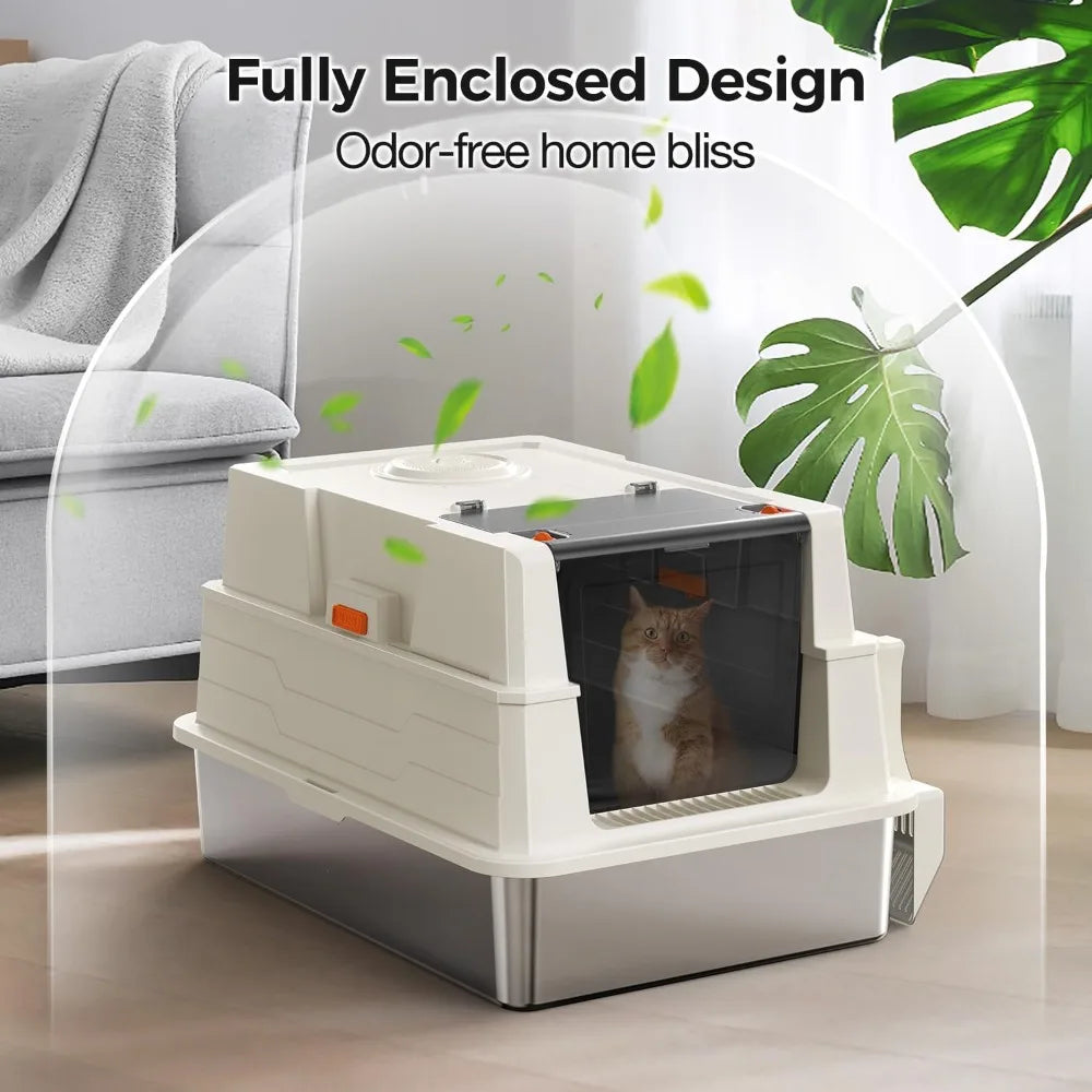 Extra Large 28L x 20.5W x 16.5H Stainless Steel Litter Box with Lid for Large and Multiple Cats - Enclosure Privacy Solution